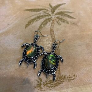 Silver Turtle Earrings with Opal Accents